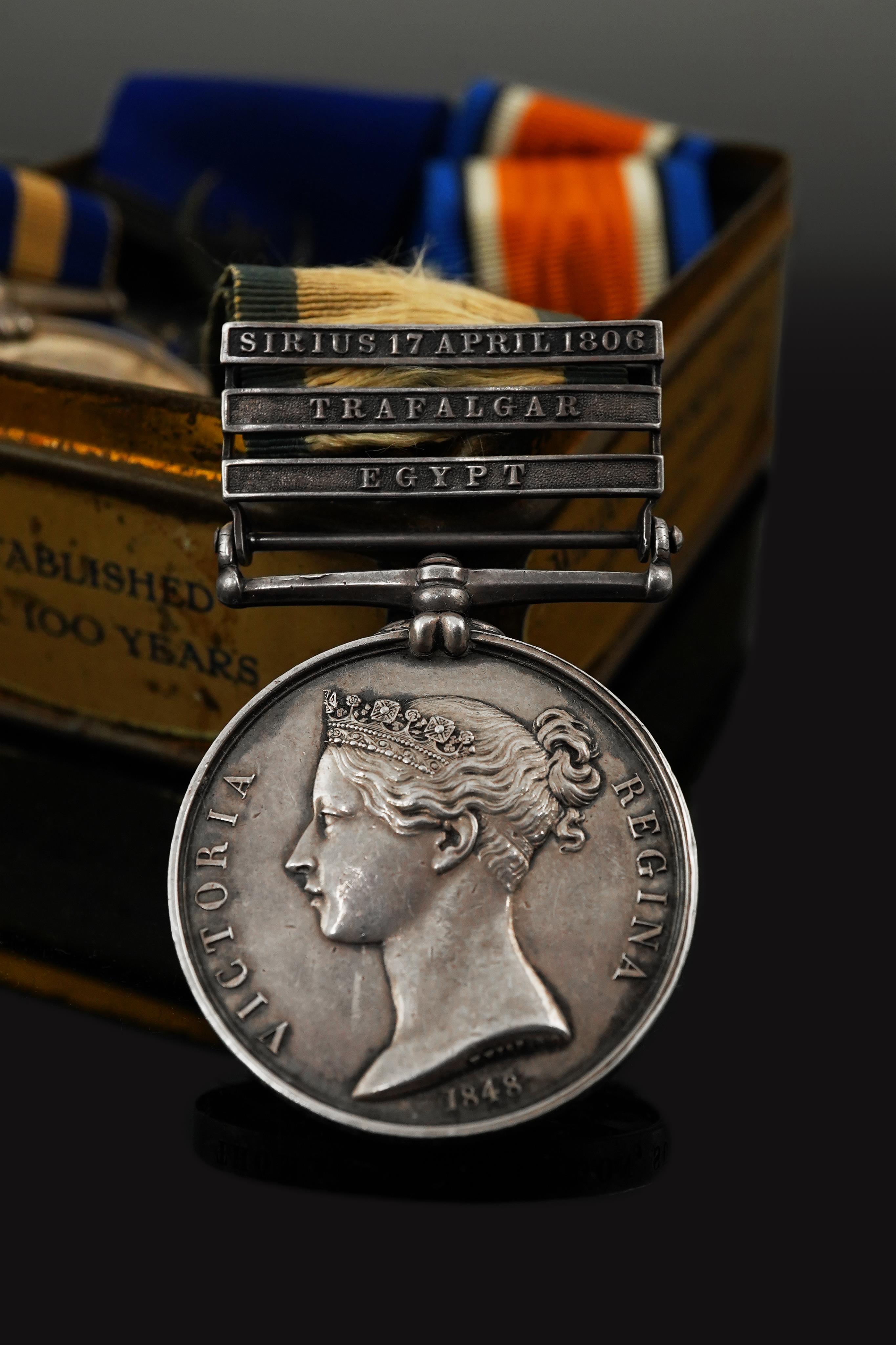 Battle of Trafalgar interest; Four medals awarded to members of the Robertson family. A Victorian naval General Service Medal to Thomas Robertson, Surgeon, with three bars for;, Sirius 17 April 1806, Trafalgar and Egypt,